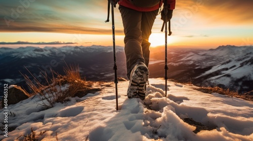 Shoes of a hiker in the snow with hiking sticks, mountains on the horizon, winter, sunset