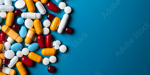 Top view of colorful pills and capsules with pharmacy medicine tablets isolated on blue background.