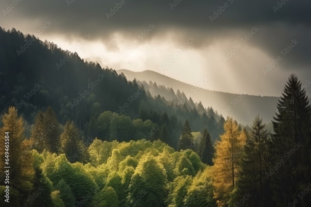 Picturesque forest illuminated by sunlight, with cloudy skies above. Serene mountain landscape. Generative AI