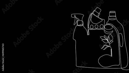 Animated drawing of continuous line draw of set bottles of different cleaning procucts friendly cleaning. Minimal concept. High quality 4k footage photo