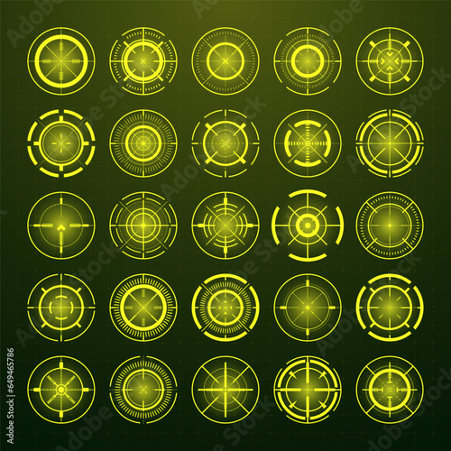 Crosshair, gun sight vector icons. Bullseye, black target or aim symbol. Military rifle scope, shooting mark sign. Targeting, aiming for a shot. Archery, hunting and sports shooting. Game UI element.