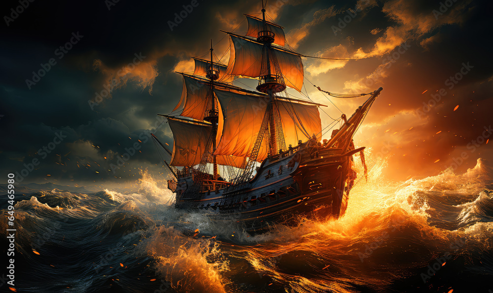 Obraz premium Majestic Vessel Confronting the Overwhelming Might of a Tempestuous Ocean - Generative AI