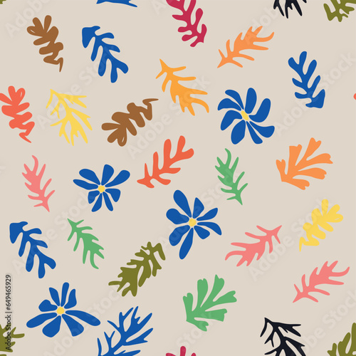 Blue Matisse floral pattern  crooked leaves and red flowers.