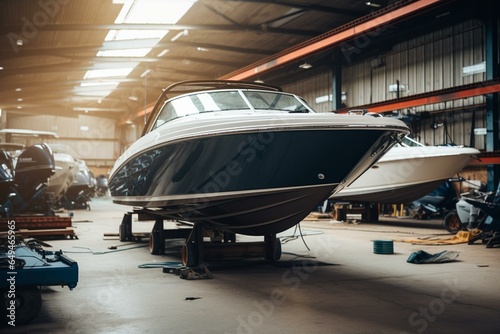 A spacious motorboat on a trailer undergoing maintenance at a boat hangar. Ideal for leisurely fishing and luxurious recreation. Generative AI
