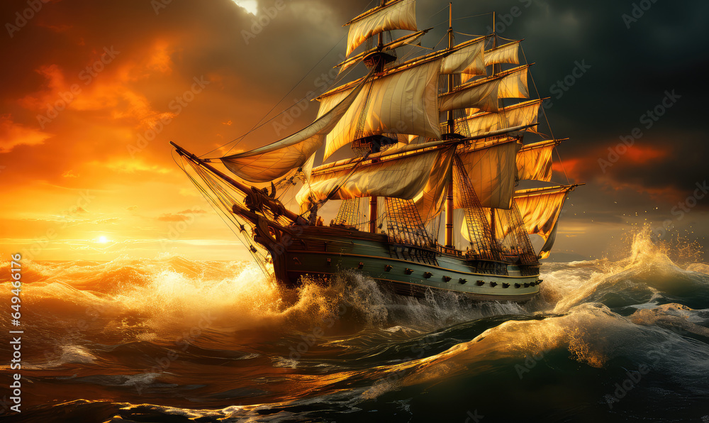 Obraz premium Majestic Vessel Confronting the Overwhelming Might of a Tempestuous Ocean - Generative AI