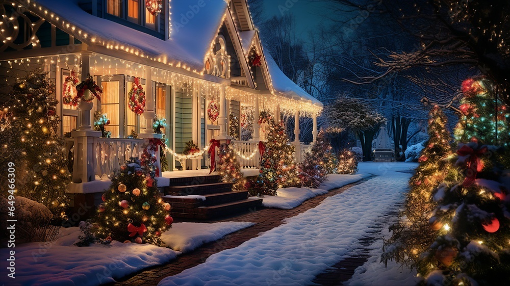  House with colorful Christmas lights and decorations - obrazy, fototapety, plakaty 