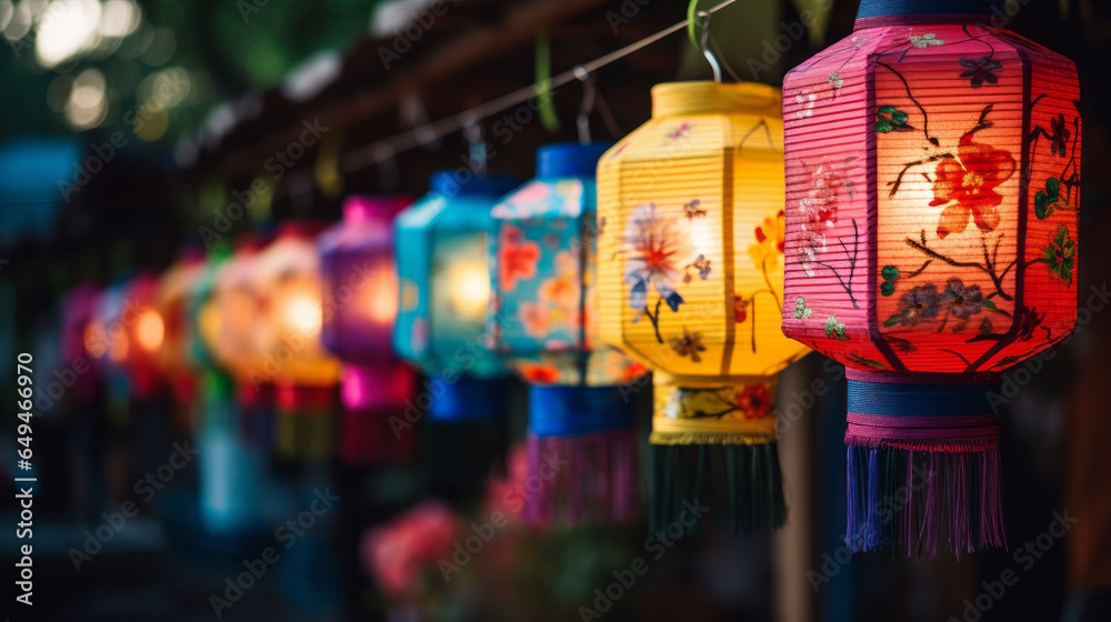 Naklejka premium Lanterns, hanging, colorful, beautiful, light, decor, festive, ambiance, glowing, tradition, decoration, illumination