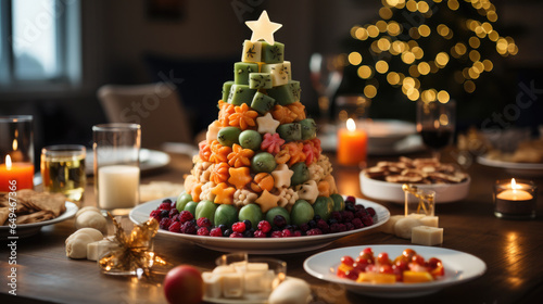 Generative AI, festive New Year's table, snacks laid out in the shape of a Christmas tree, food decoration, carving, buffet, catering, delicious dishes, winter decor, restaurant, star, fruit, dinner © Julia Zarubina