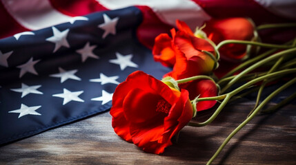 high quality photo, copy space, stockphoto, Remembering Pearl Harbor: National Remembrance Day Poster Featuring Patriotic United States Flag and Red Poppies.