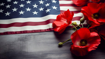 high quality photo, copy space, stockphoto, Remembering Pearl Harbor: National Remembrance Day Poster Featuring Patriotic United States Flag and Red Poppies.