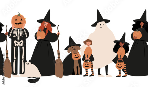 Halloween party border clipart, Kids and pets in costume vector illustration, Pumpkin face border clip art, Cute october festival seamless pattern, Flat style images, witch ghost skeleton cat dog.