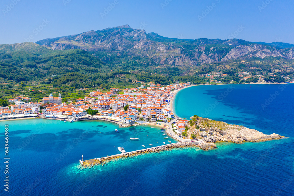 View of Kokkari fishing village with beautiful beach, Samos island, Greece - obrazy, fototapety, plakaty 
