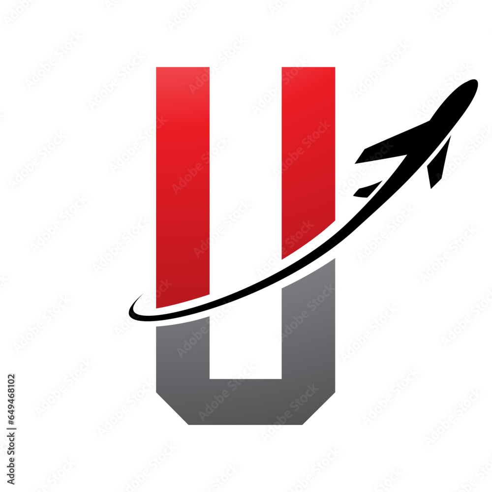 Obraz premium Red and Black Futuristic Letter U Icon with an Airplane