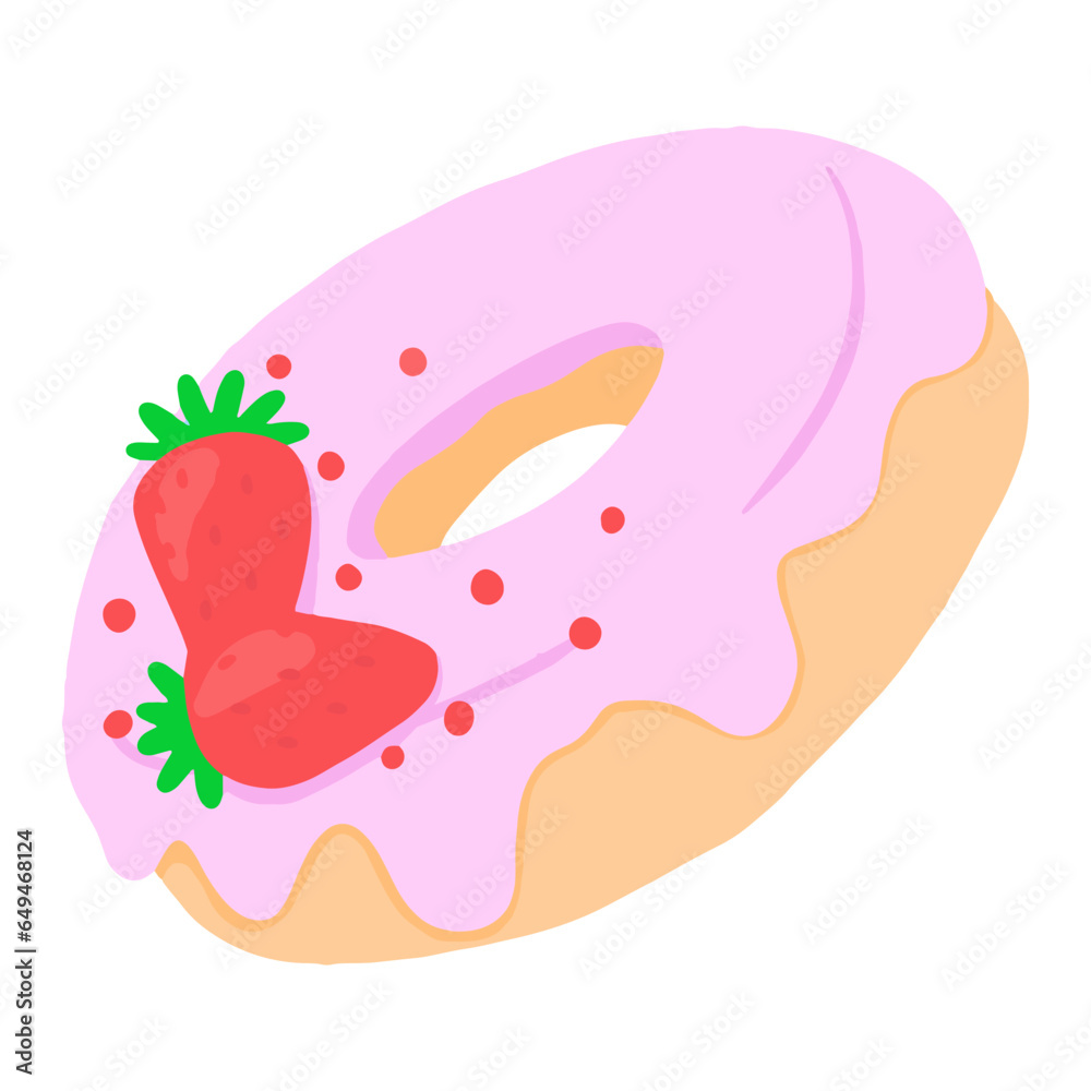 Cartoon colorful tasty donut isolated on white background. Glazed doughnut top view for cake cafe decoration or menu design. Vector flat illustration