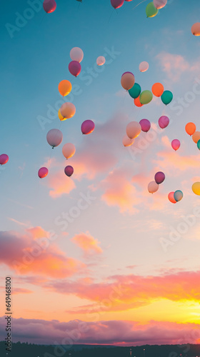 Balloons floating up into the sky.