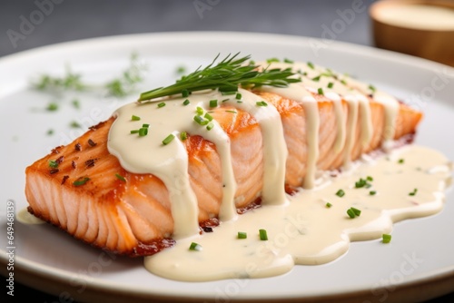 A piece of cooked salmon fish filet steak with sour cream bechamel sauce and fresh green dill, close-up. photo