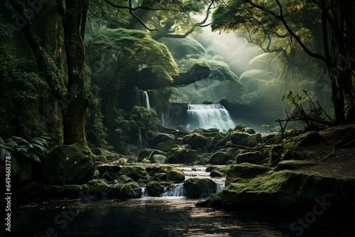 A dreamy scene showcasing a forest and cascading water. Generative AI © Azura