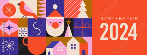 Simple Christmas background, elegant geometric minimalist style. Happy new year banner. Snowflakes, decorations and Xmas trees elements. Retro clean concept design