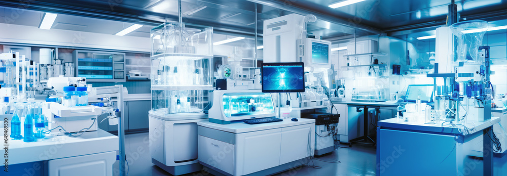 Modern science laboratory with cabinets, research desks, computers and other analytic equipment. Generative AI