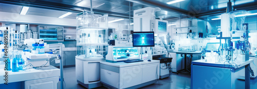 Obraz na płótnie Modern science laboratory with cabinets, research desks, computers and other analytic equipment. Generative AI w salonie