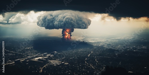 panorama view, gigantic big bomb explosion and mushroom cloud over cityscape, generative Ai