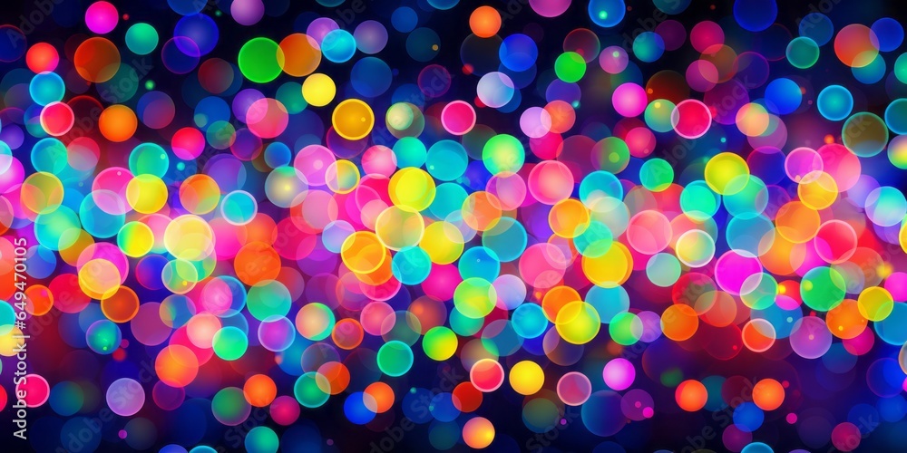 Christmas garland as a backdrop. Bokeh lens-created glowing, multicolored light circles. The Christmas lights look hazy because they are out of focus.