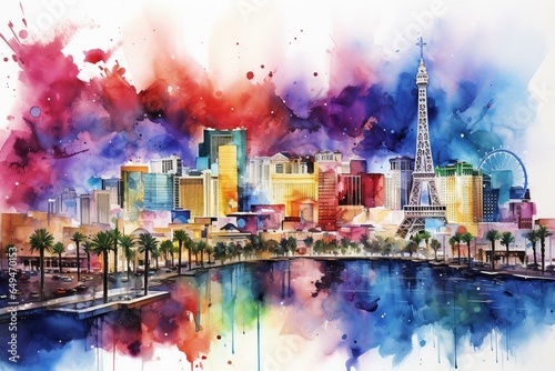 Beautiful watercolor print showcasing the captivating Las Vegas skyline. Generative AI