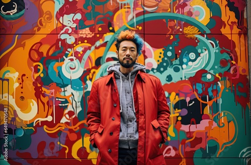 an Asian man wearing jacket with graffiti wall art behind, male street fashion portrait, Generative Ai 
