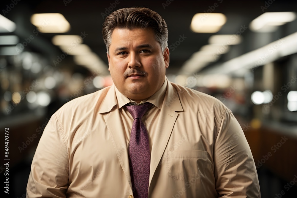 Portrait of plus size caucasian manager isolated in office, background, banner with copy space text Portrait of plus size caucasian manager isolated in office, background, banner with copy space text