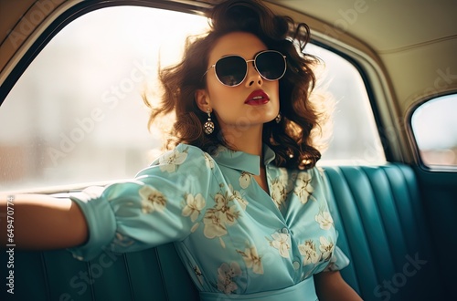 fashion portrait of pretty woman wearing vintage dress sitting in car, Generative Ai © QuietWord