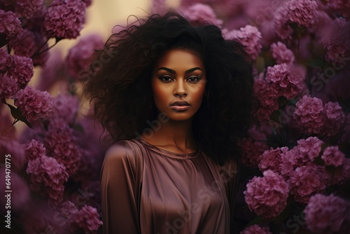 close up portrait of African woman in purple shirt in flower blossom garden, calm peaceful atmosphere,  Generative Ai