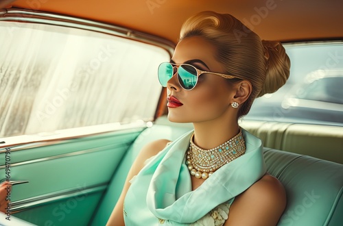 fashion portrait of pretty woman wearing vintage dress sitting in car, Generative Ai