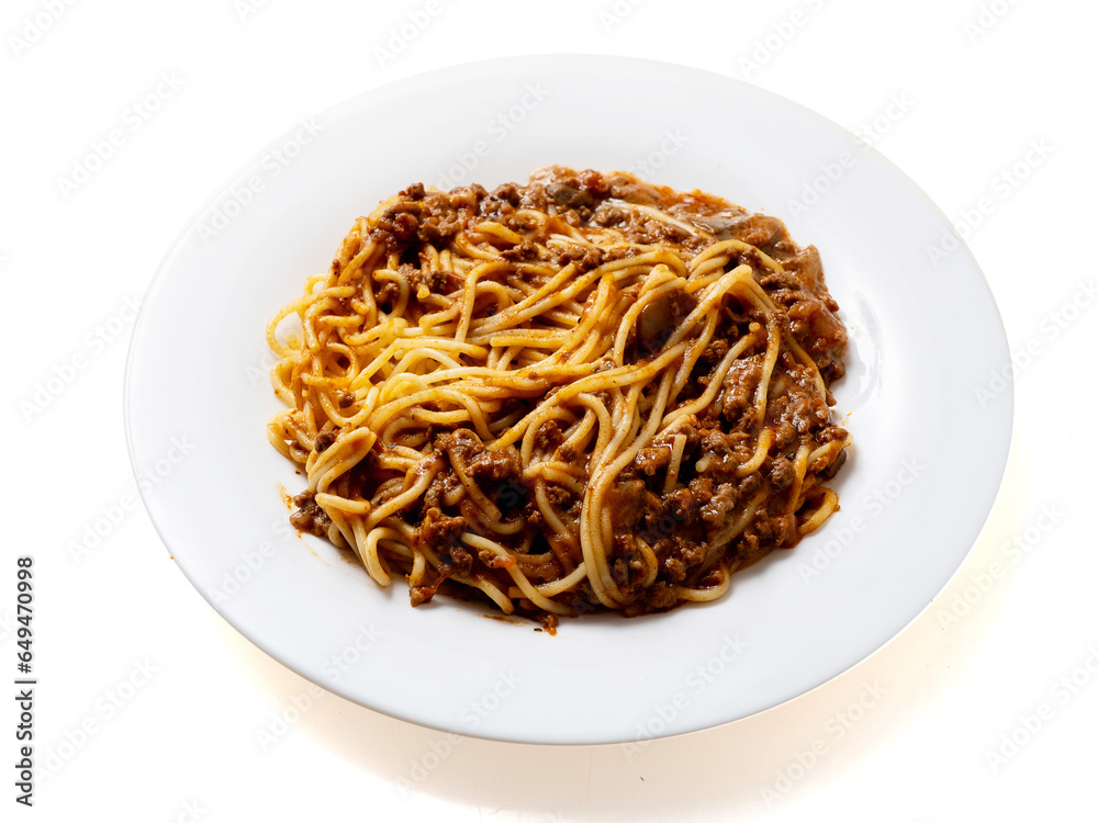 Portion of high quality spaghetti Bolognese on white plate and white background. Premium quality dish made with fine products. Portion of high quality spaghetti Bolognese on white plate and white background. Premium quality dish made with fine products.