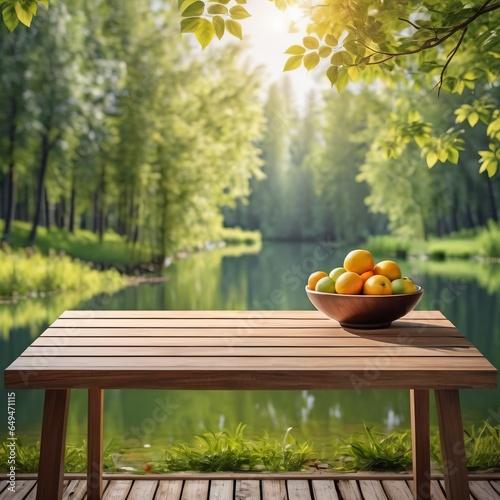Empty wooden Table with nature background for product photography