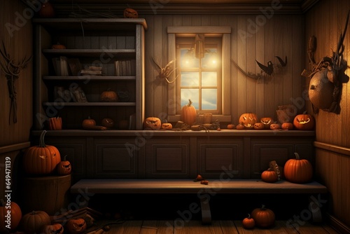 Room with a wooden cabinet near the wall and Halloween-themed interior decoration, rendered in 3D. Generative AI