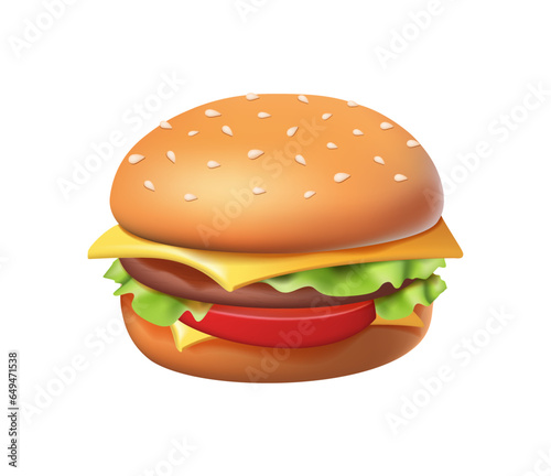 3D burger icon. 3d rendering of delicious cheeseburger. Fast food 3d realistic render vector icon hamburger. Meatloaf