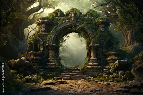 A captivating archway in a woodland displaying a mystical stone gate to an alternate dimension. 3D artwork. Generative AI