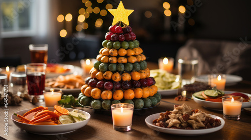 Generative AI, festive New Year's table, snacks laid out in the shape of a Christmas tree, food decoration, carving, buffet, catering, delicious dishes, winter decor, restaurant, star, fruit, dinner © Julia Zarubina