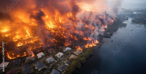 wildfire flame burning over town make severe damage area, Generative Ai