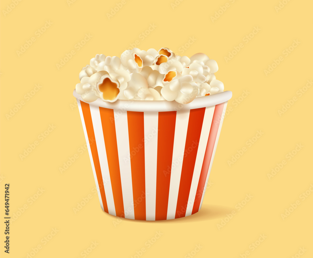 3D popcorn isolated on yellowe background. Cinema icon in 3D cartoon style. Snack food. Big red white strip box