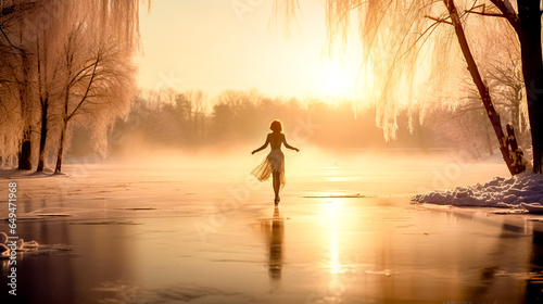 girl in a dress on ice skates on the ice of a frozen lake in winter at sunset