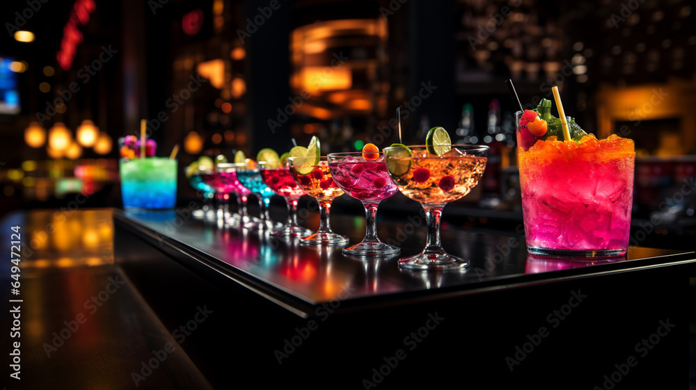Fresh cocktails of all flavors served on the table of a nightclub