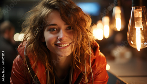 Smiling young woman, happiness illuminated outdoors, enjoying winter night generated by AI