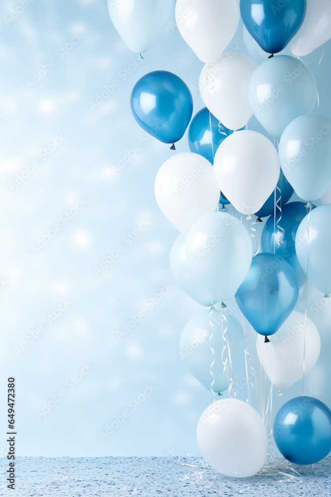 blaue und weiße Ballons mit Platz für Text.. Hochkant. Hochformat. Generative Ai. - obrazy, fototapety, plakaty 