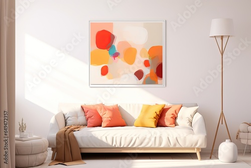 cheerful and happy mood living room idea of boho home decor design with colorful abstract painting art wall hanging picture, mockup idea, Generative Ai