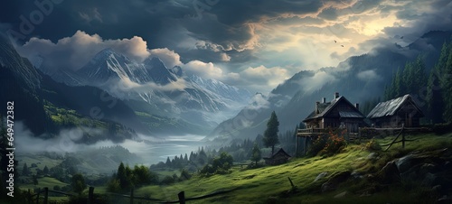 painting style illustration of house small town in misty valley, generative Ai © QuietWord