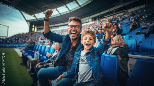 Generative AI, father and son cheer for their favorite team at a sports match, football, competition, stadium, arena, emotion, joy, victory, goal, father's day, parent, child, cry, family, win, game