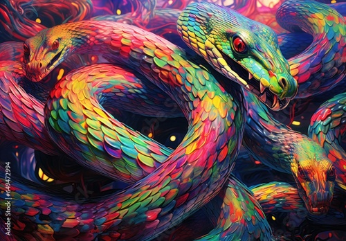 Many snakes gathered in the tangle. Abstract fantasy background. Illustration for cover, card, postcard, interior design, decor or print.
