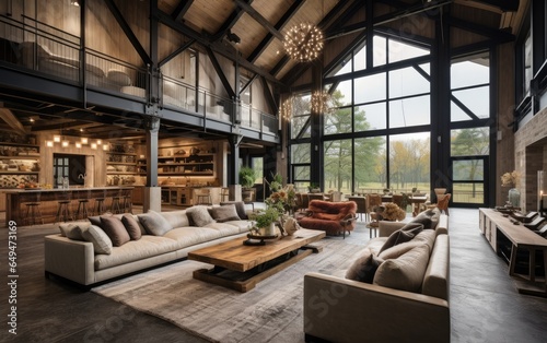 Modernized barn house with high ceilings and industrial accents.  © piai