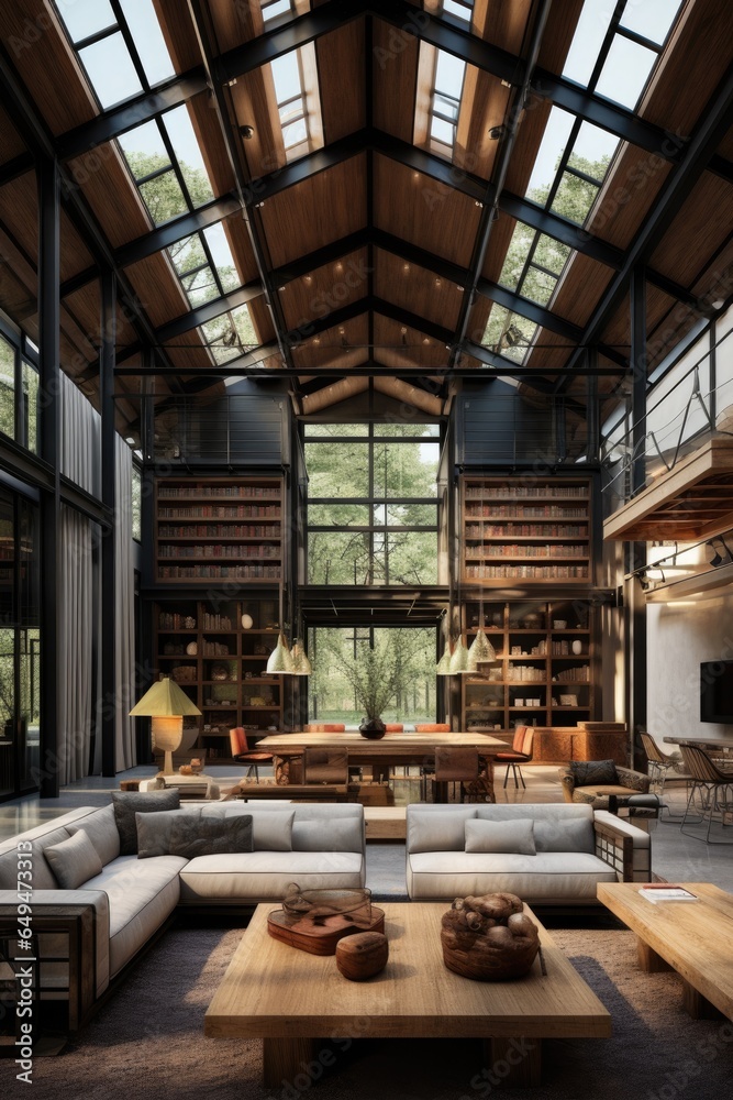 Modernized barn house with high ceilings and industrial accents. Generative AI